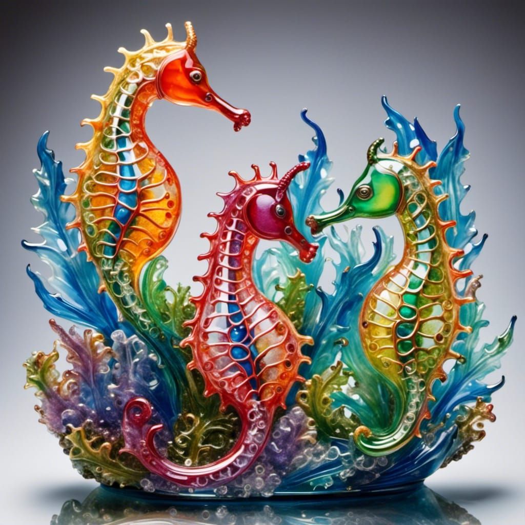 beautiful enameled glass seahorses on seaweed, each seahorse is a different color and texture, brilliant hues, beautiful...