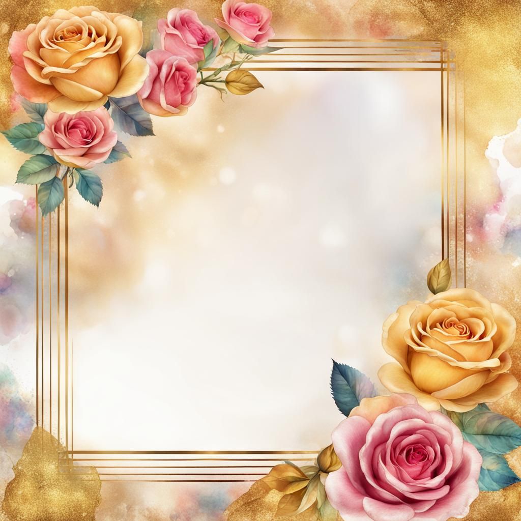 Gold Frame with Colorful Roses on Watercolor