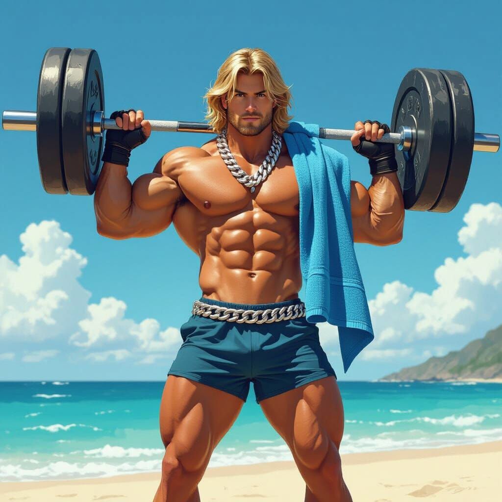 Muscular Man on Beach with Barbell in Digital Art Style