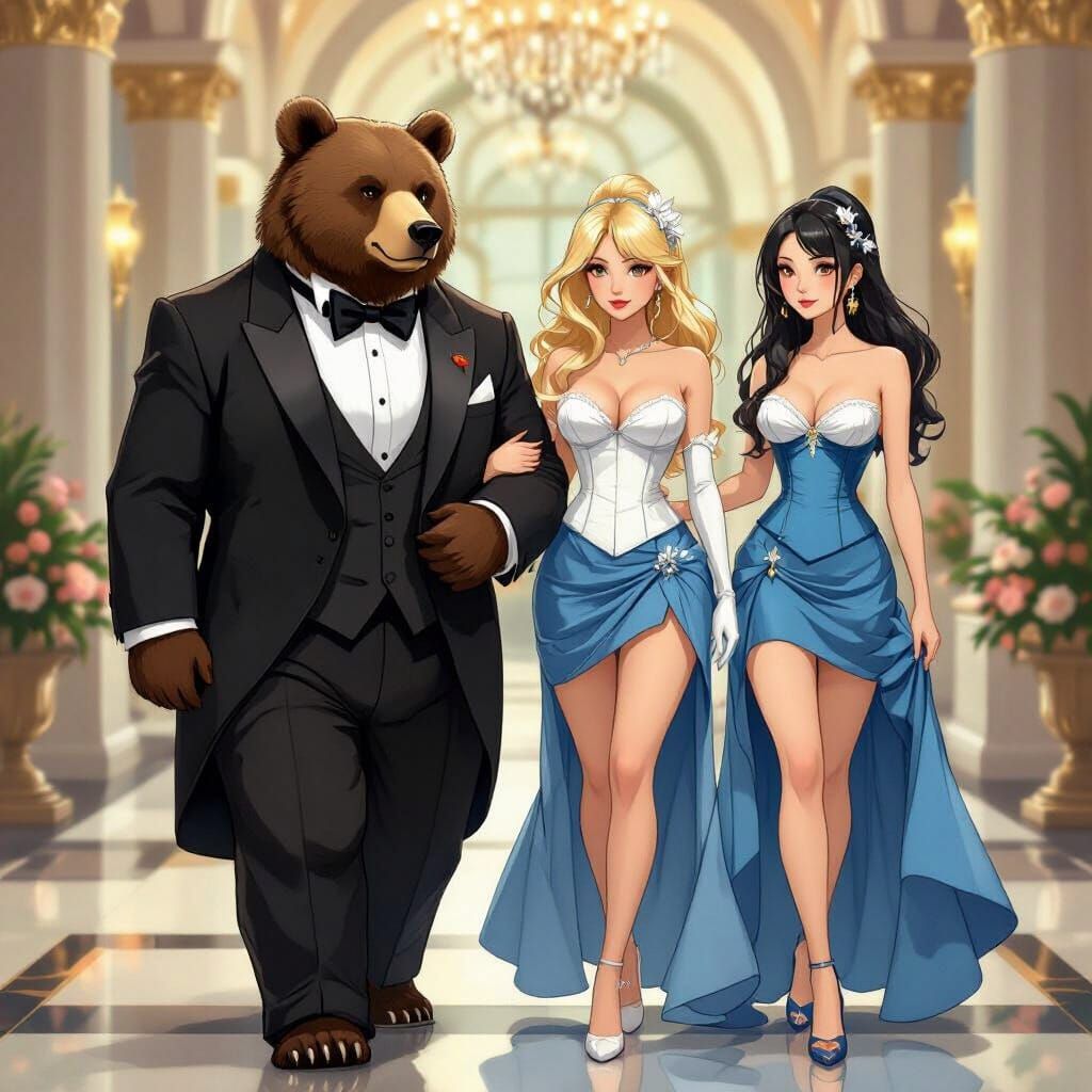 Bear Escorting Women in Art Nouveau Style
