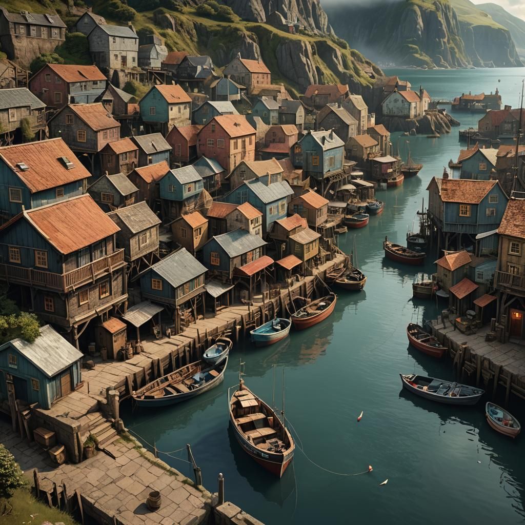 Picturesque Fishing Harbor: Digital Matte Painting