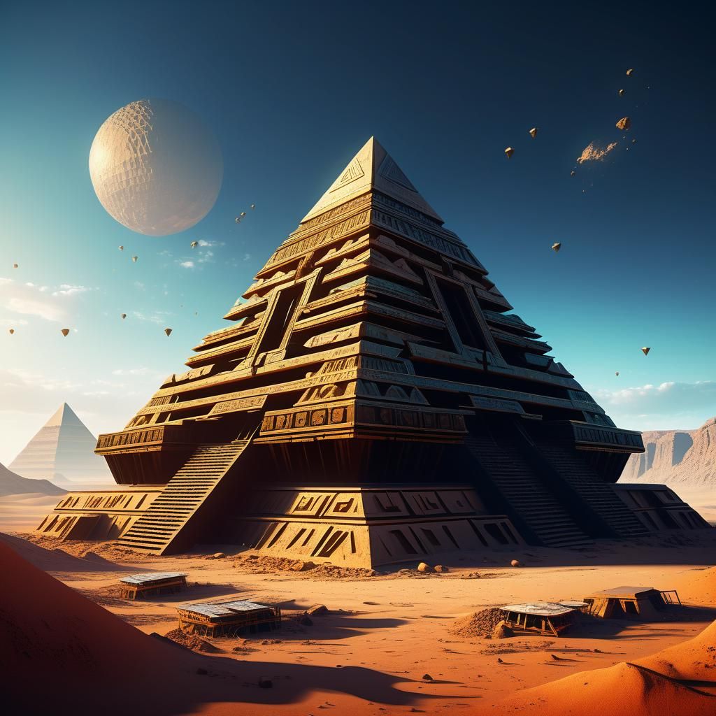 Upside Down Pyramid in Alien Desert Landscape