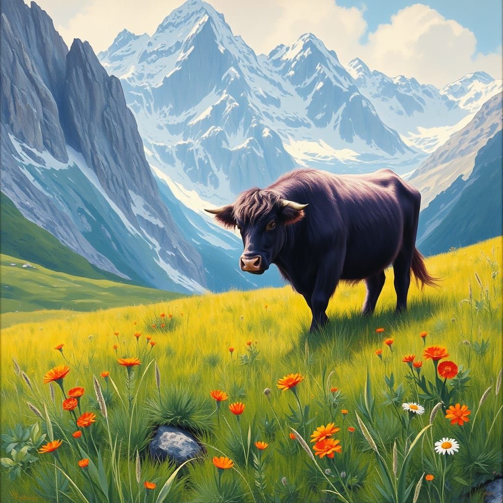 Majestic Purple Cow in Serene Alpine Landscape