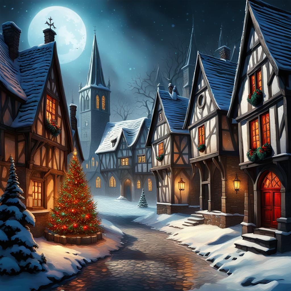 Christmas postcard captures the essence of the holiday season in a gothic old village