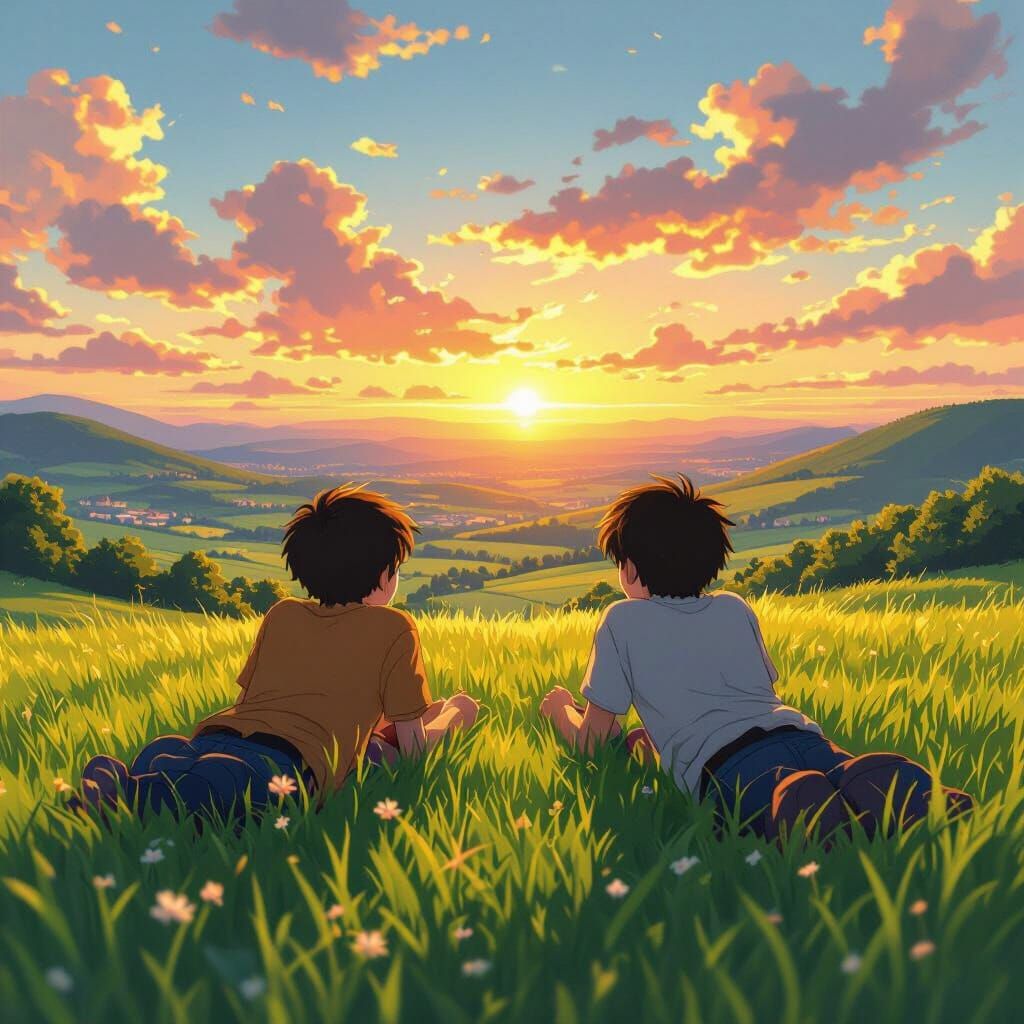 Boys Watching Sunset in Anime Style