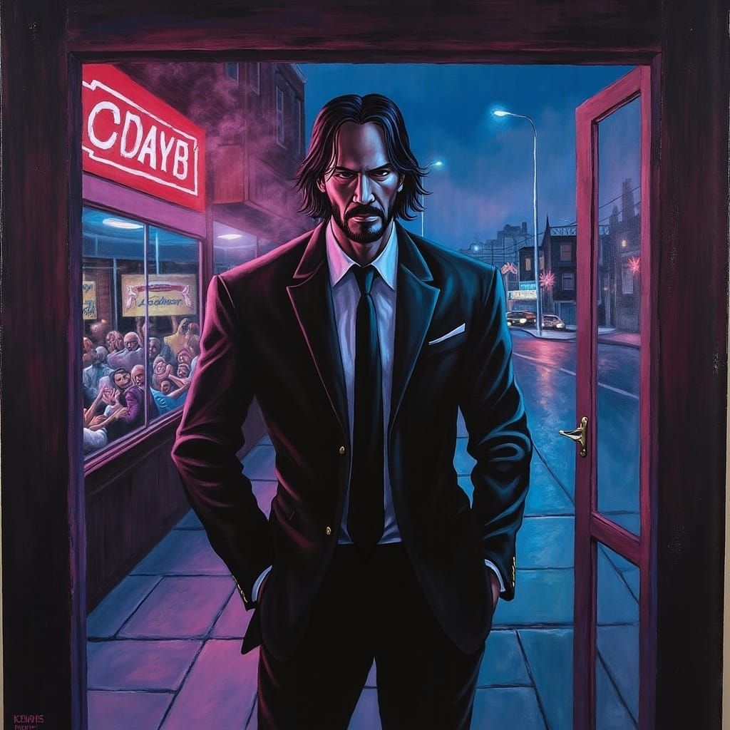 John Wick in a Dimly Lit Cyberpunk Cityscape