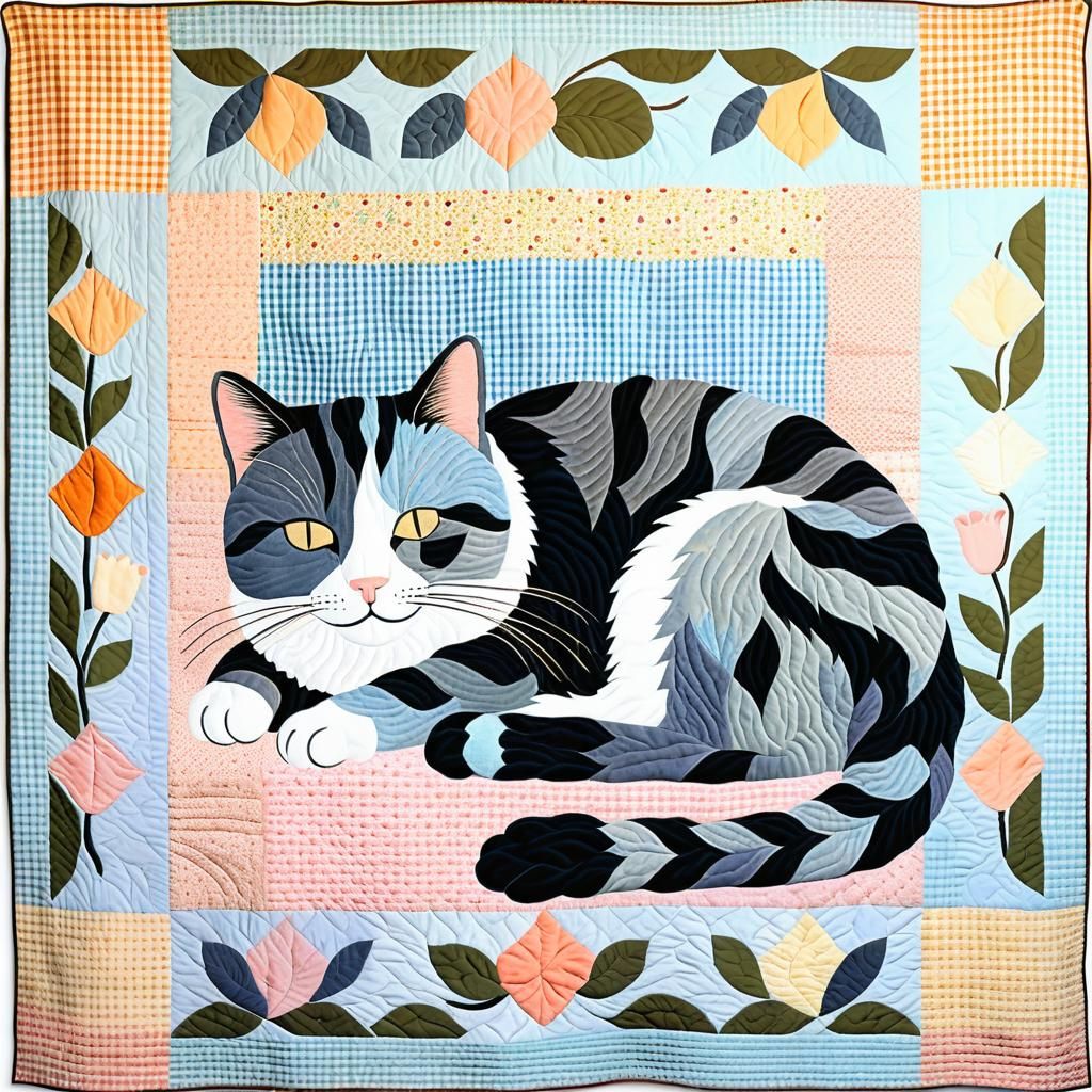 Sleeping Cat on Pastel Patchwork Quilt