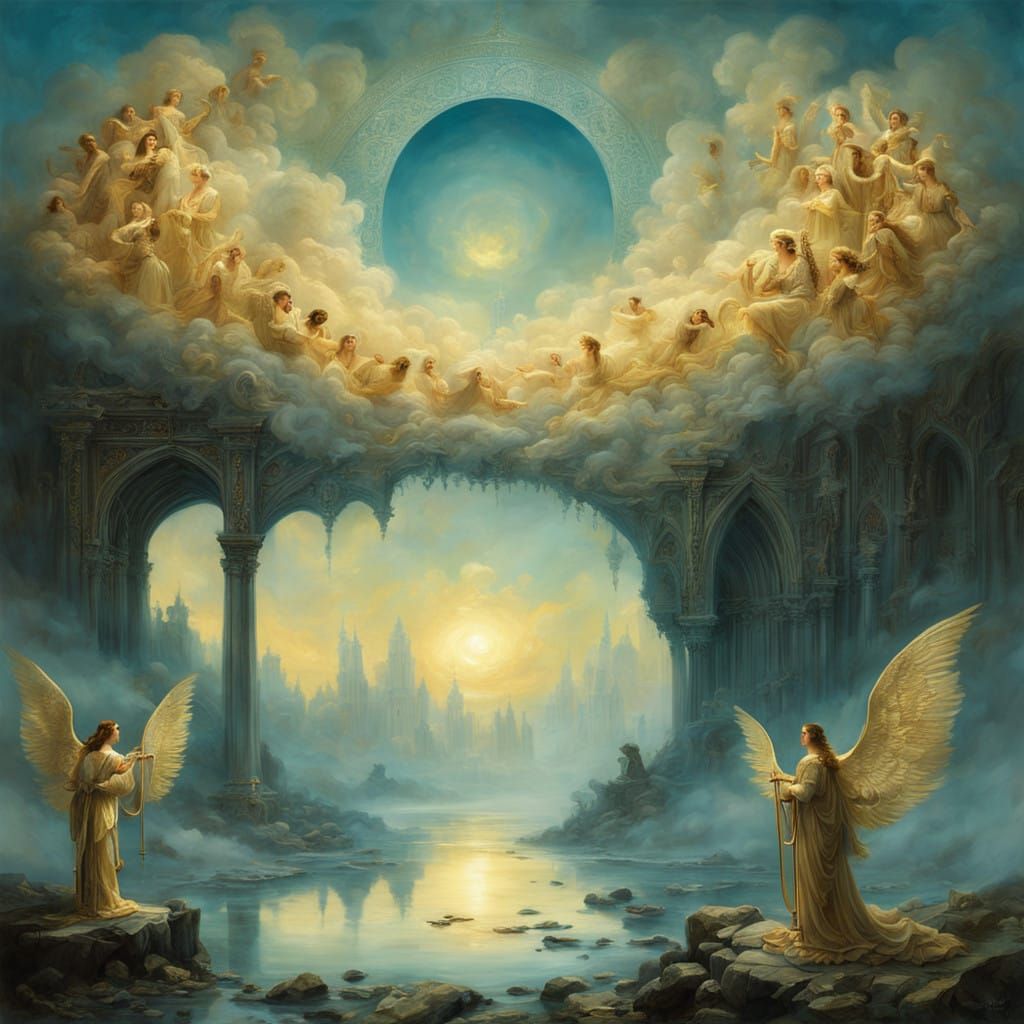 Angels in Regal Attire Play Majestic Harps in a Dreamy Cloud...