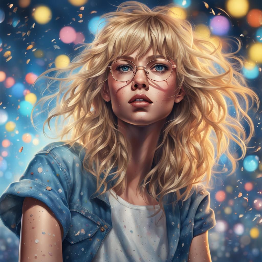Freckled Blonde Woman Dancing in Disco, Photorealistic Art