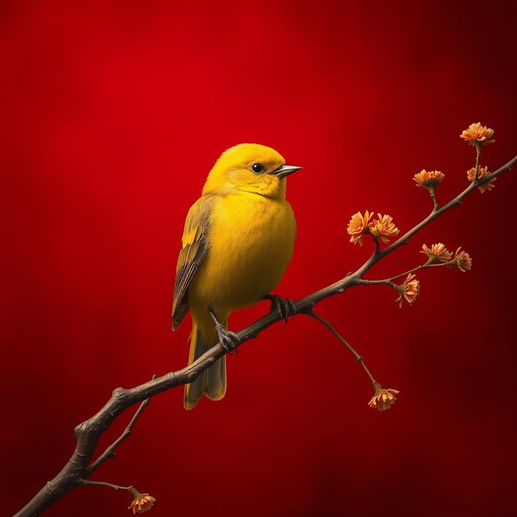 Yellow Bird on Branch in Dreamlike Style