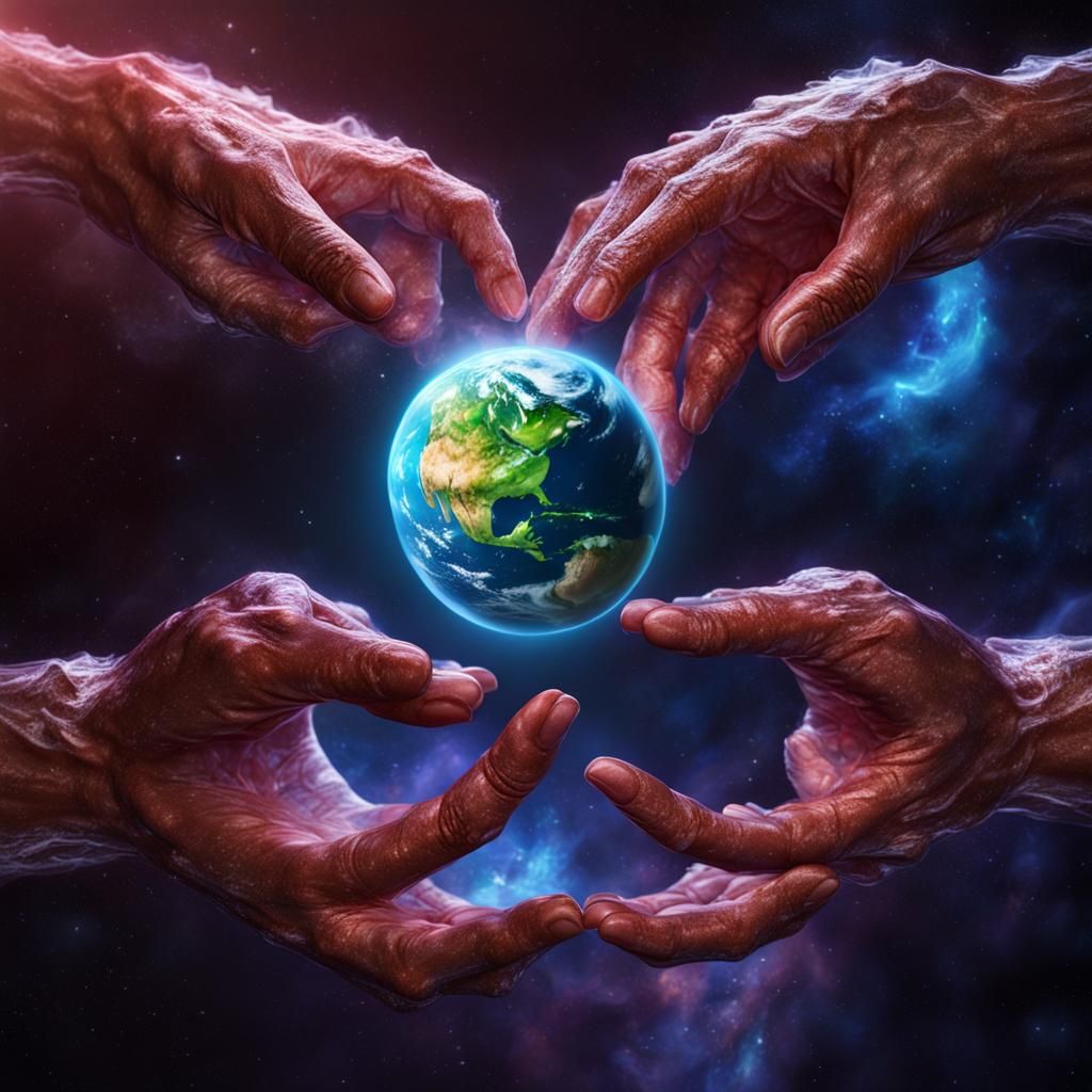 Fluorescent Hands Cradle Earth: Detailed Concept Art