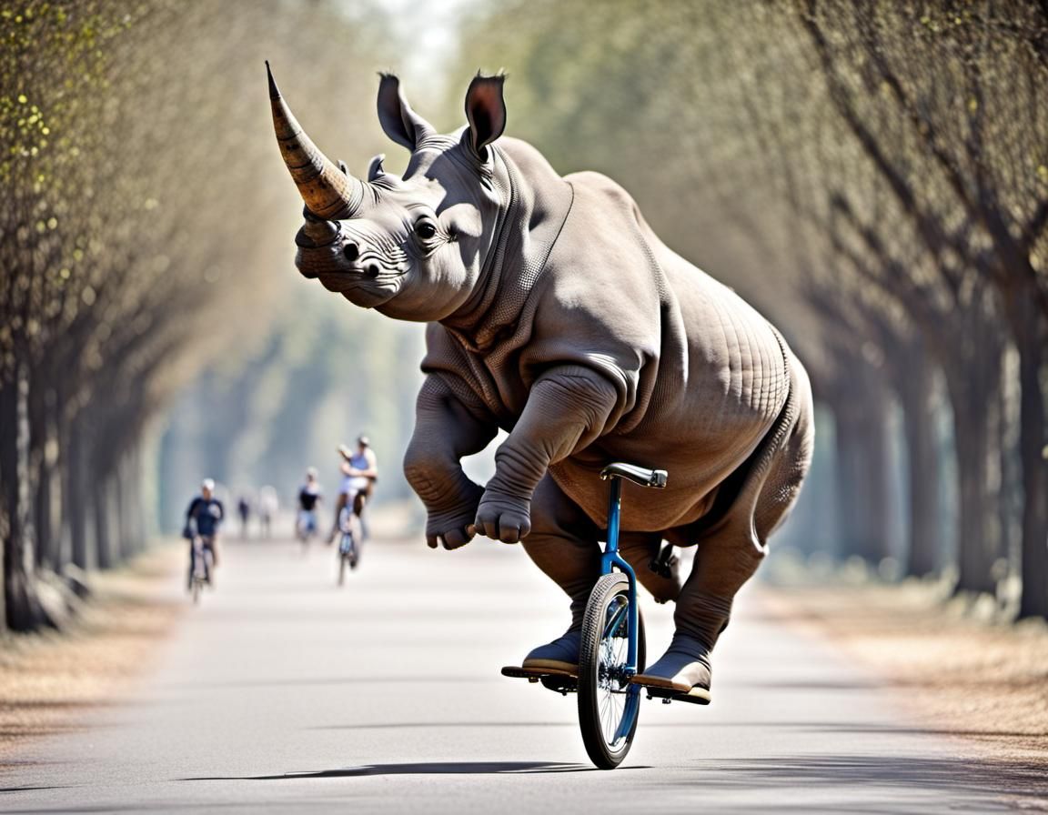 Rhino on Unicycle Rides Down Sunny Avenue
