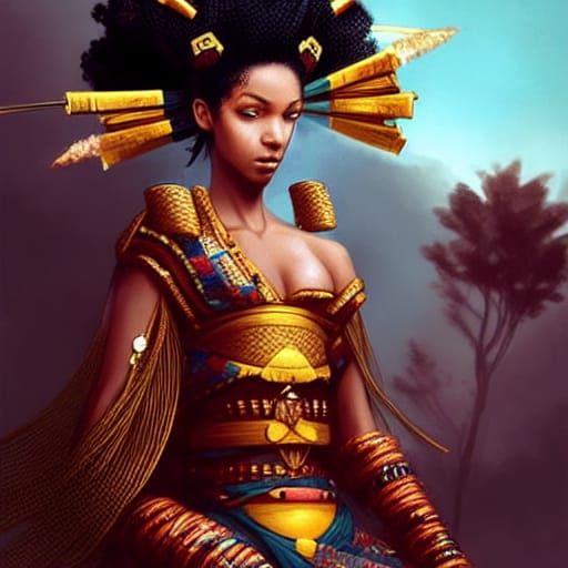 Nubian Princess Samurai Portrait in Digital Art Style