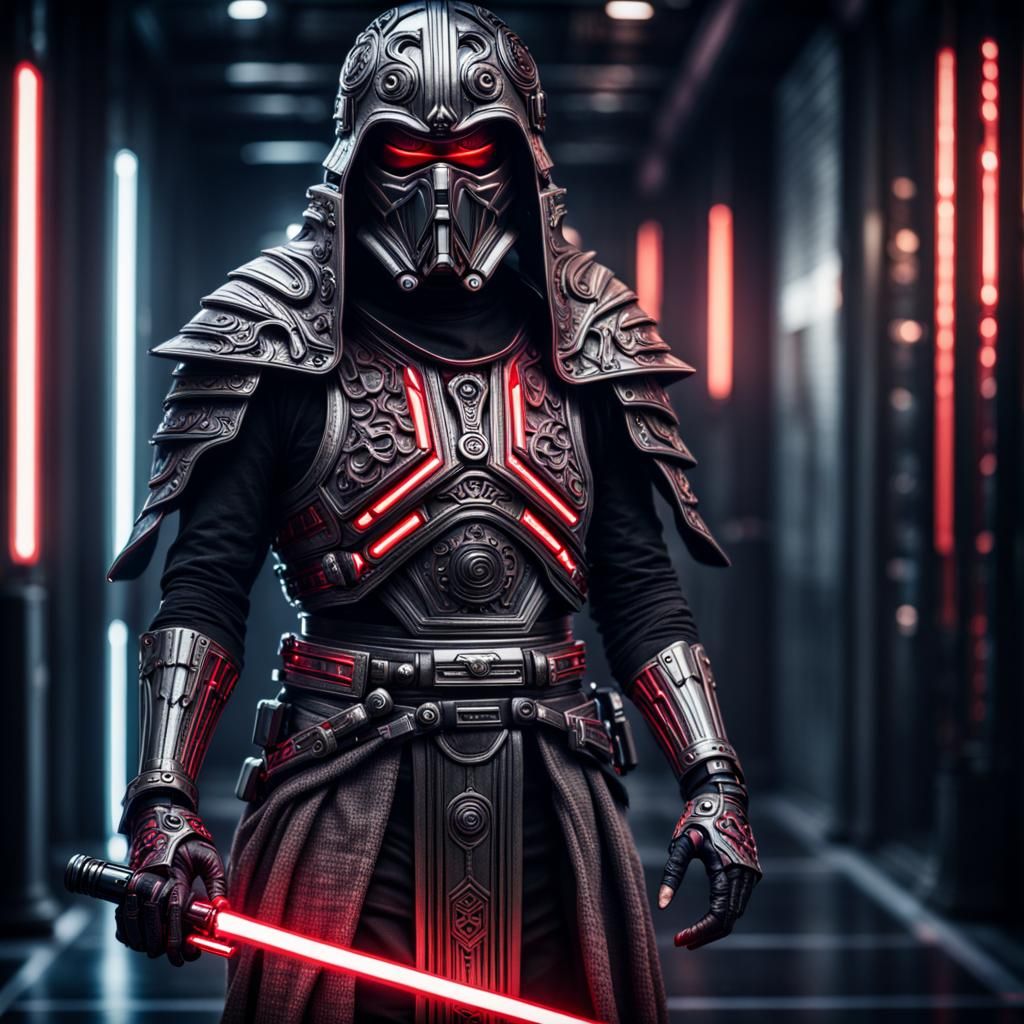 Cyberpunk Sith Lord with Lightsaber in Ornate Armor