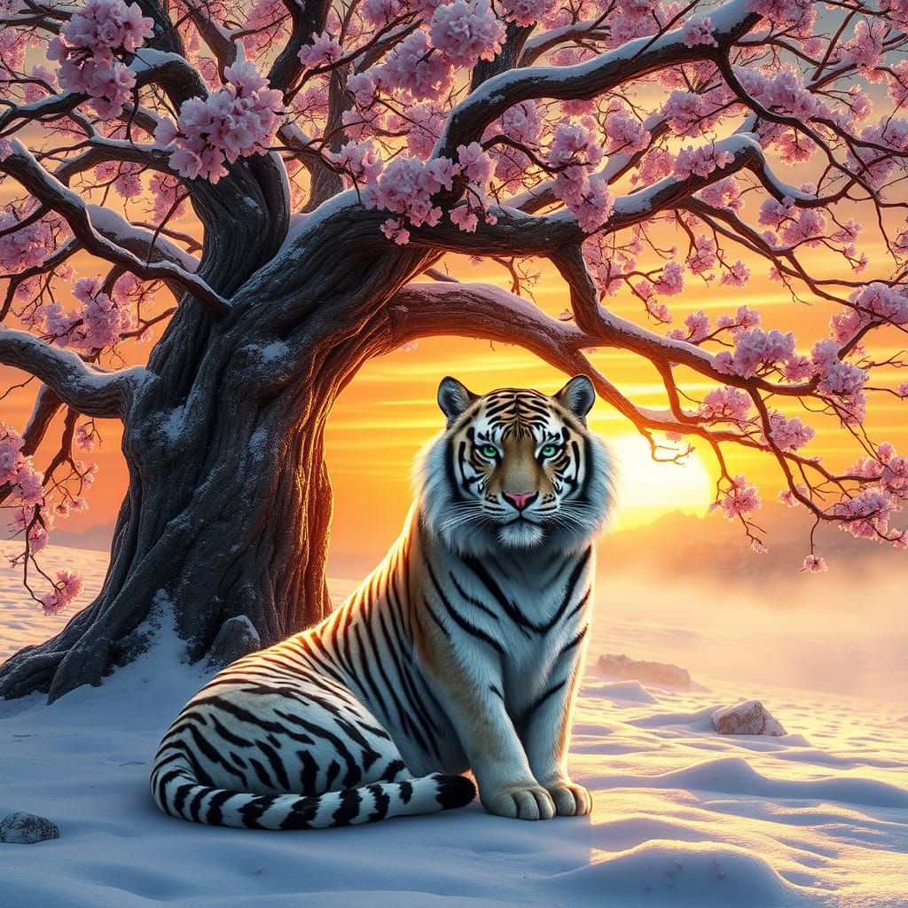 Winter Tiger Under Blossoming Tree in Fantastical Realism St...