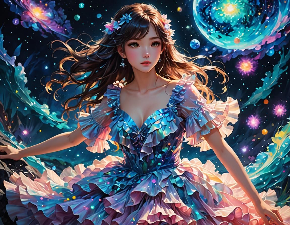 Iridescent Water Dress in Galaxy Sky: 3D Anime Art