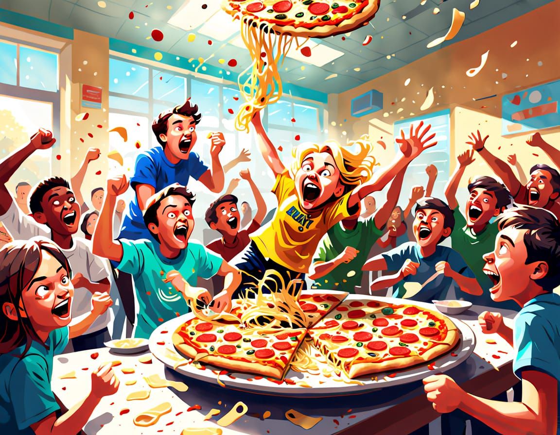 Chaos in the Cafeteria: Exuberant Cartoon Scene