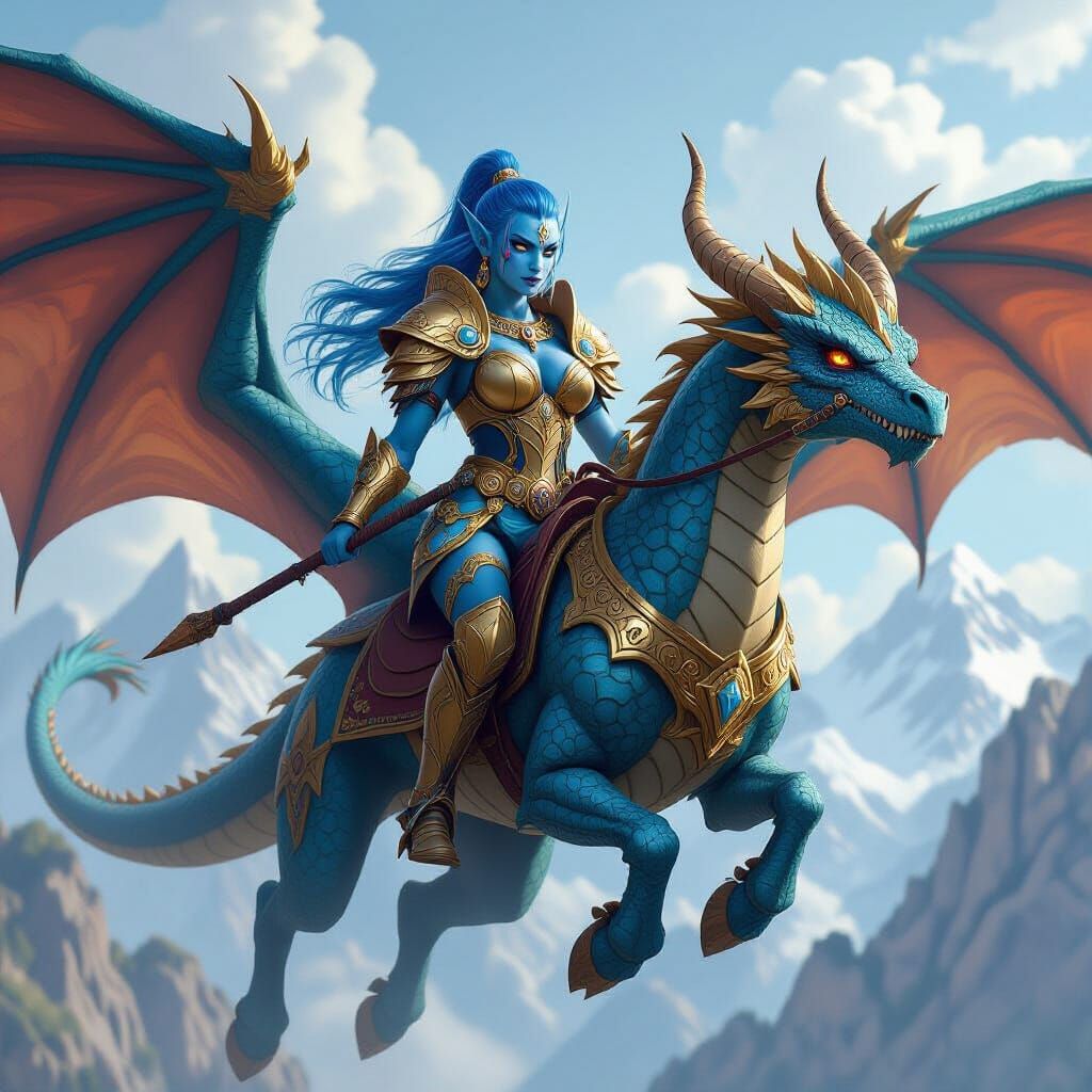 Draenei Warrior on Dragon Soaring Over Mountain