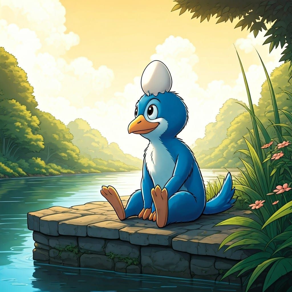 Calimero on a Riverbank in Classic Comic Style