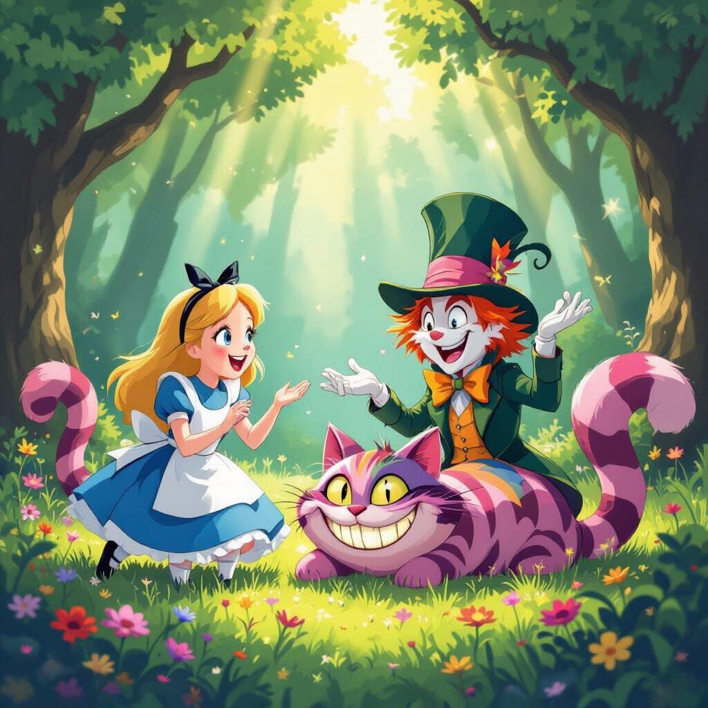Alice, Hatter, and Cheshire Cat Play in Anime Forest
