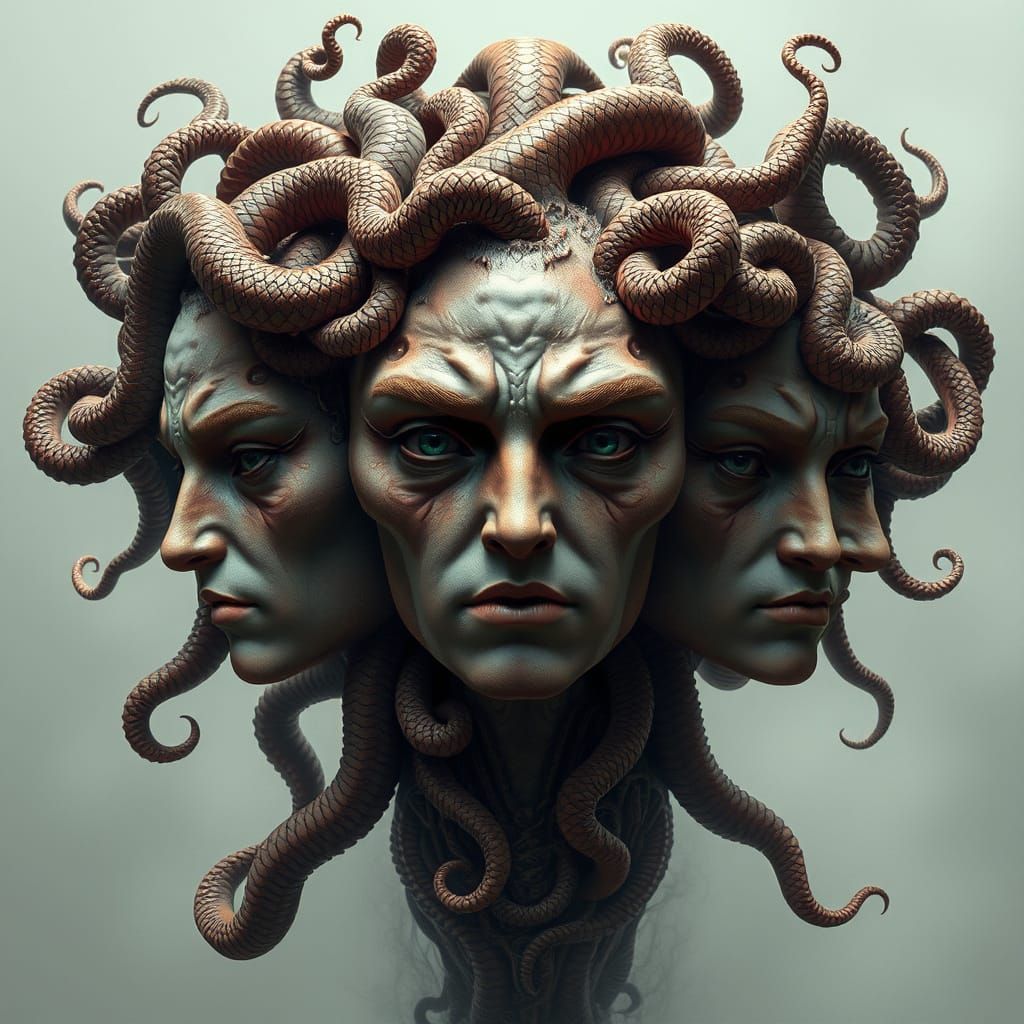 Multifaceted Humanoid with Medusa Hair in Surreal, Matte Pai...