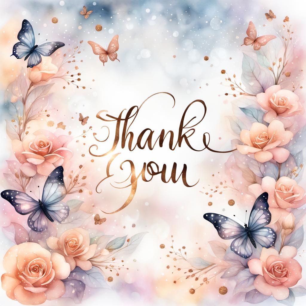 Elegant Calligraphy 'Thank You' with Rose Gold Flowers