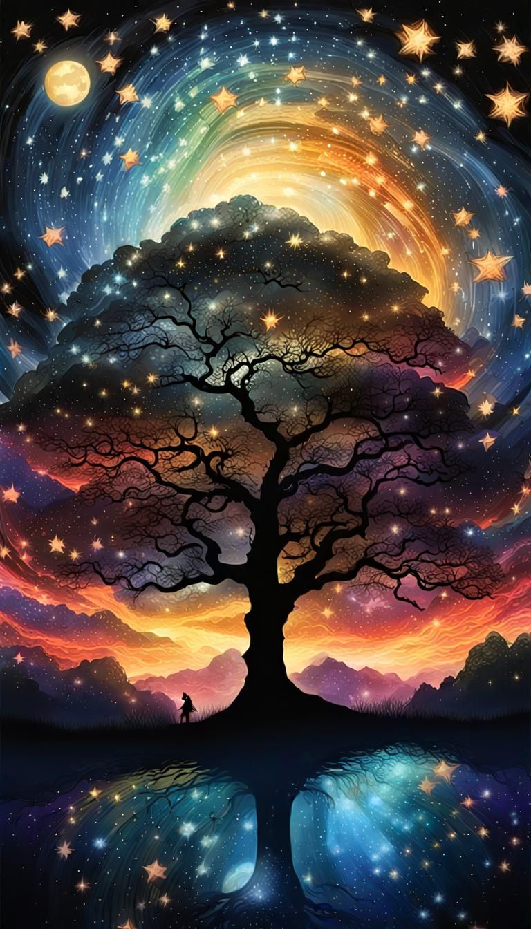 Sakura Tree of Life Ink Sketch with Magical Lights