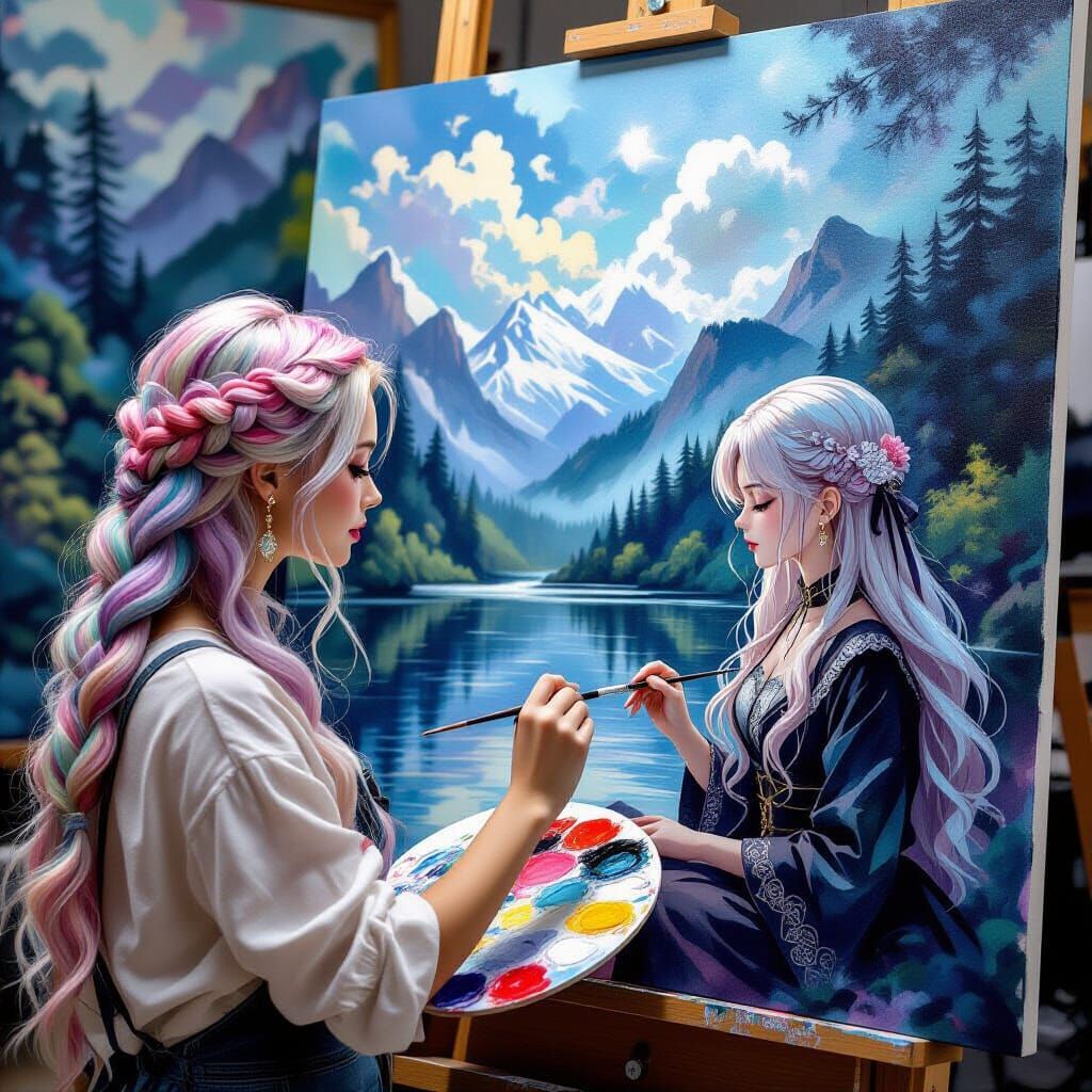 Woman Painting Impressionist Landscape in Watercolor