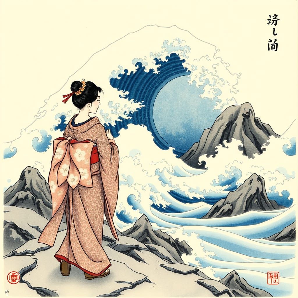Serene Japanese Woman Contemplates Turbulent Sea