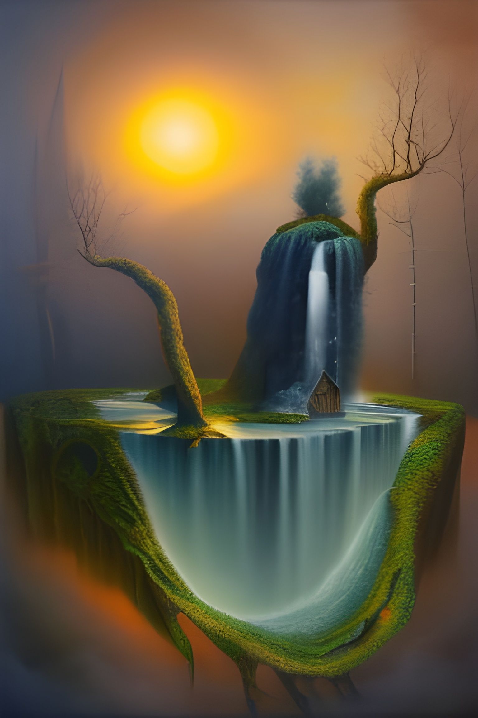 Surreal Landscape with Brain Trees and Fiery Sky