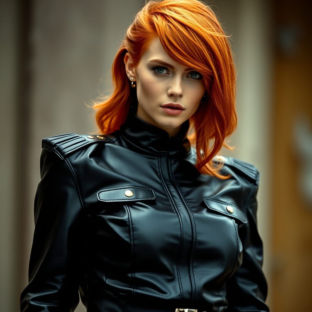 Stunning Redhead Woman in Revealing Black Leather Uniform