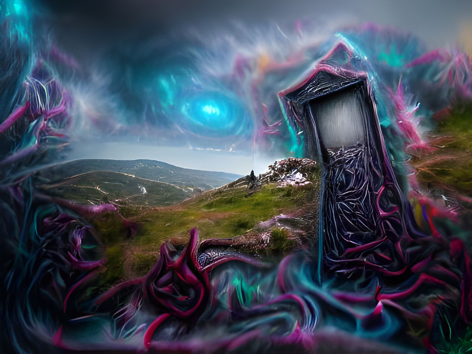 Sinister Eldritch Door on a Hill, Cosmic Illustration