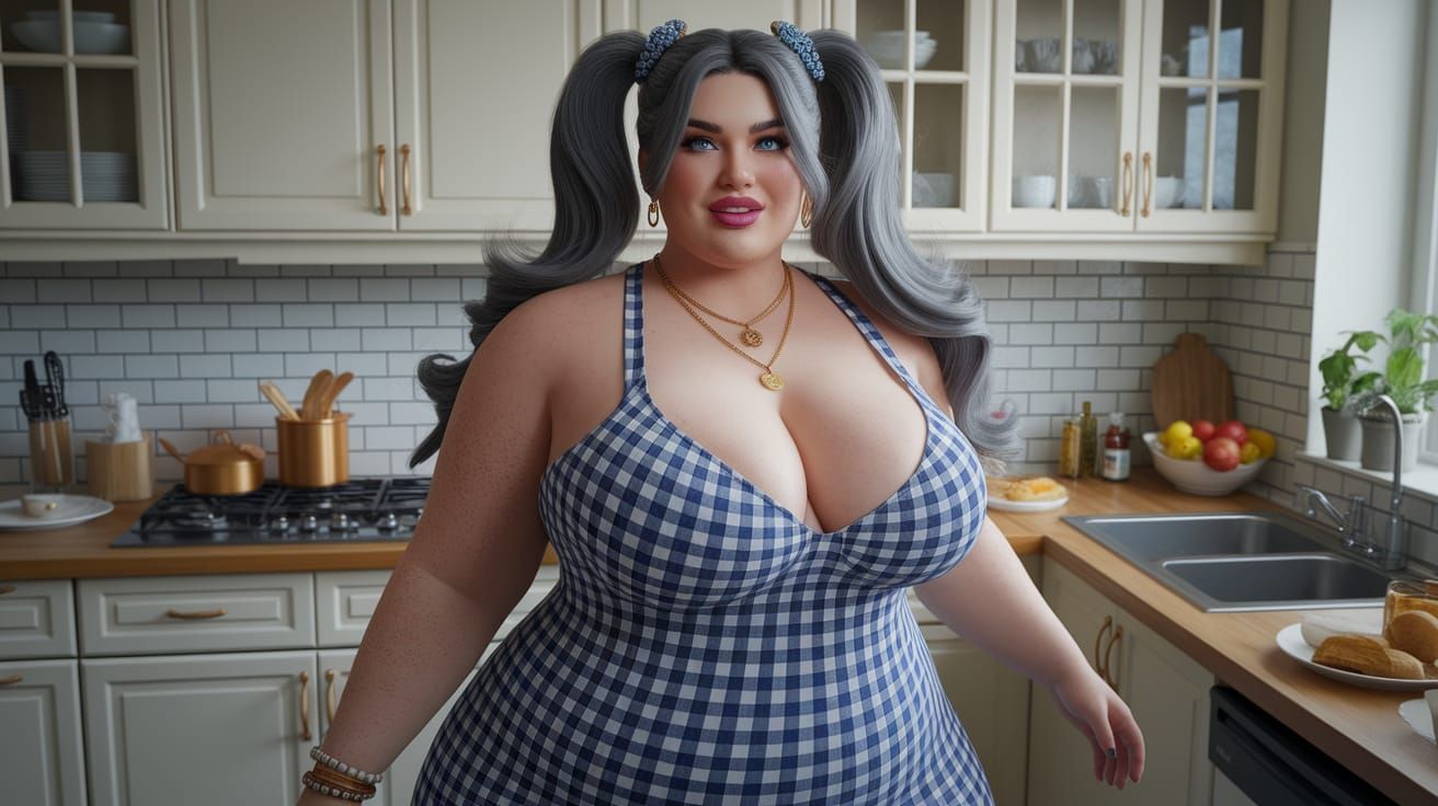 Curvy Model Smizes in Gingham Kitchen