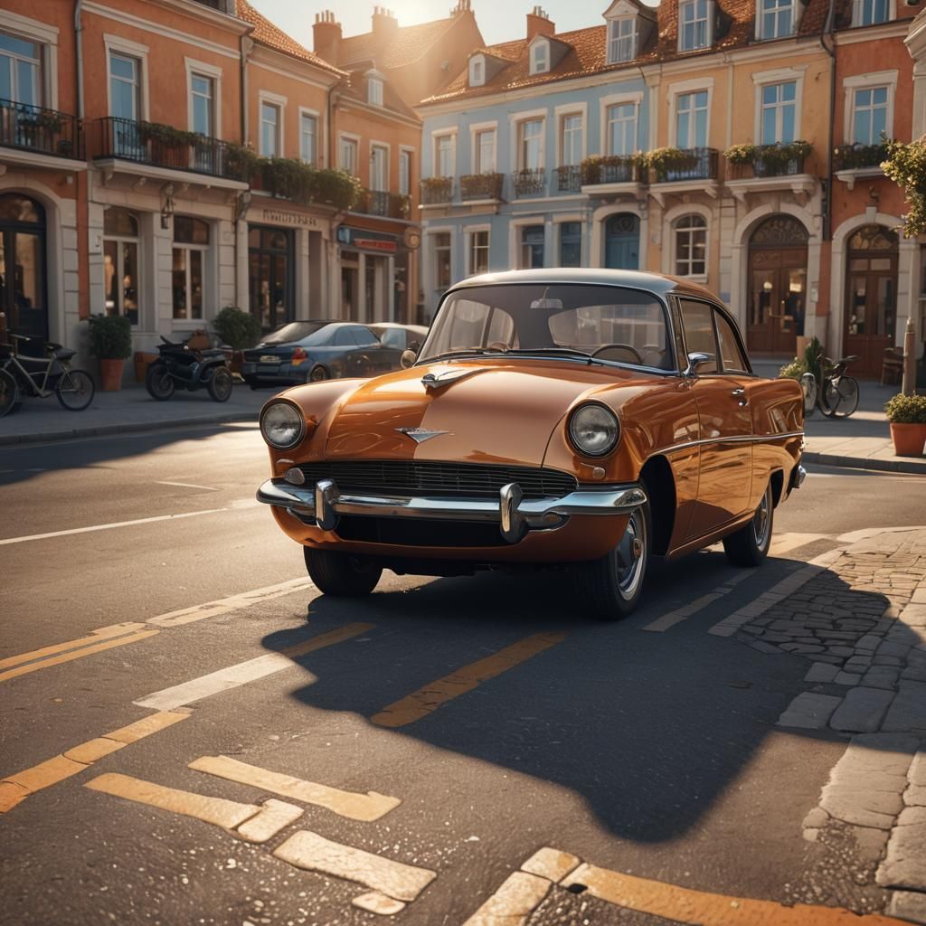 Classic Car in Seaside Town: Digital Art