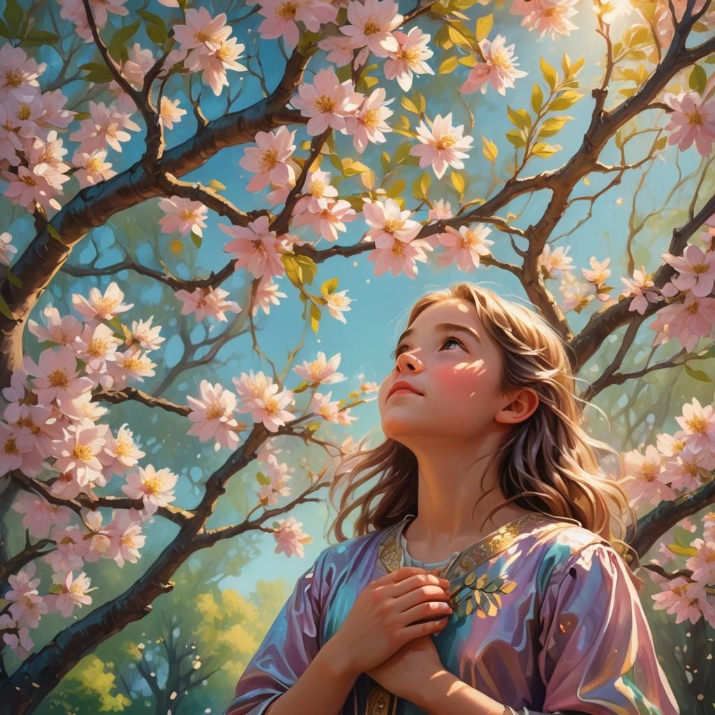 Enchanting Girl and Blooming Tree: Whimsical Illustration