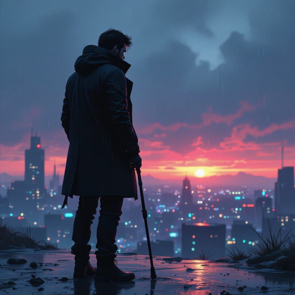Man in Black Coat Leans on Crutch, Gazing at Cyberpunk Horiz...