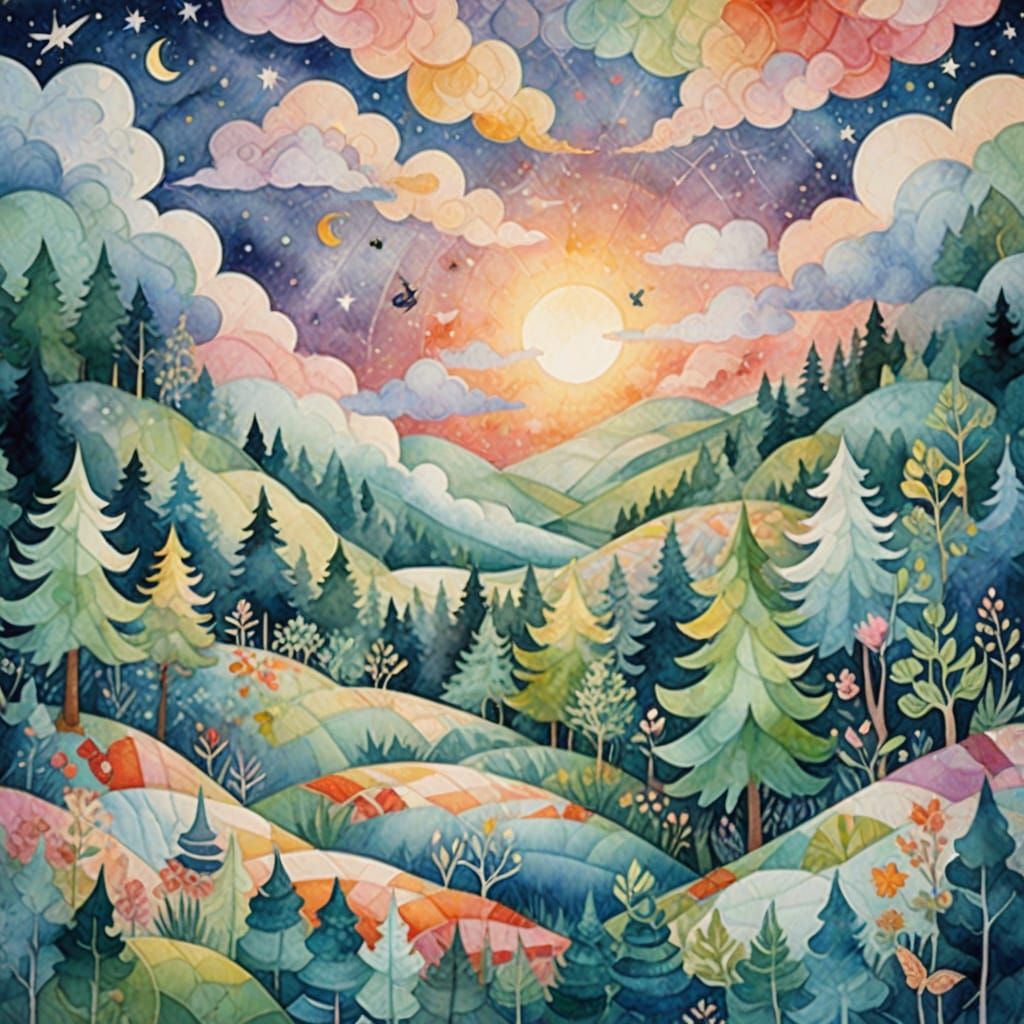 Dreamlike Quilt Floats Through Sky in Watercolor Style