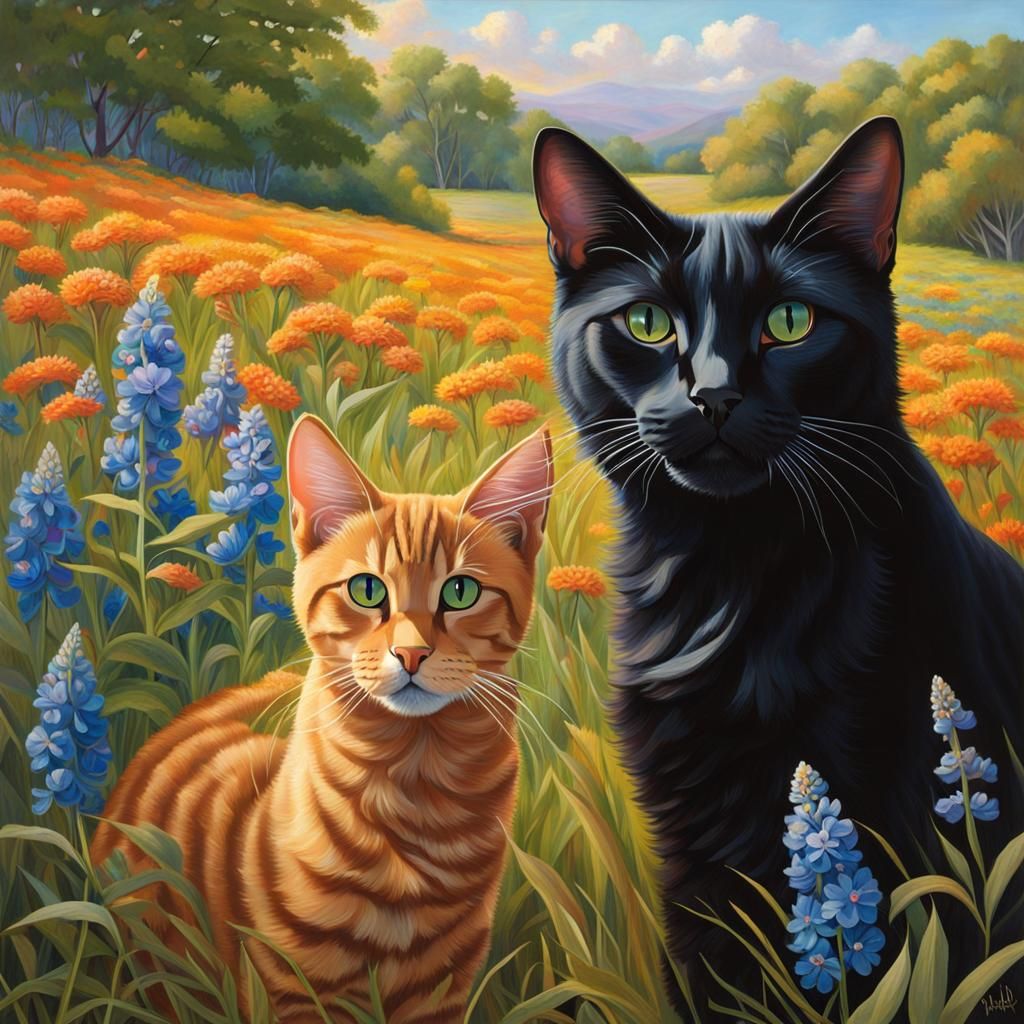 Cats Playing in a Rainbow Meadow
