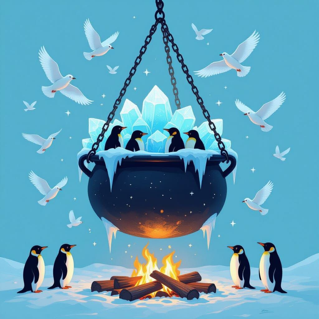 Cauldron of Ice and Penguins with Cinematic Lighting