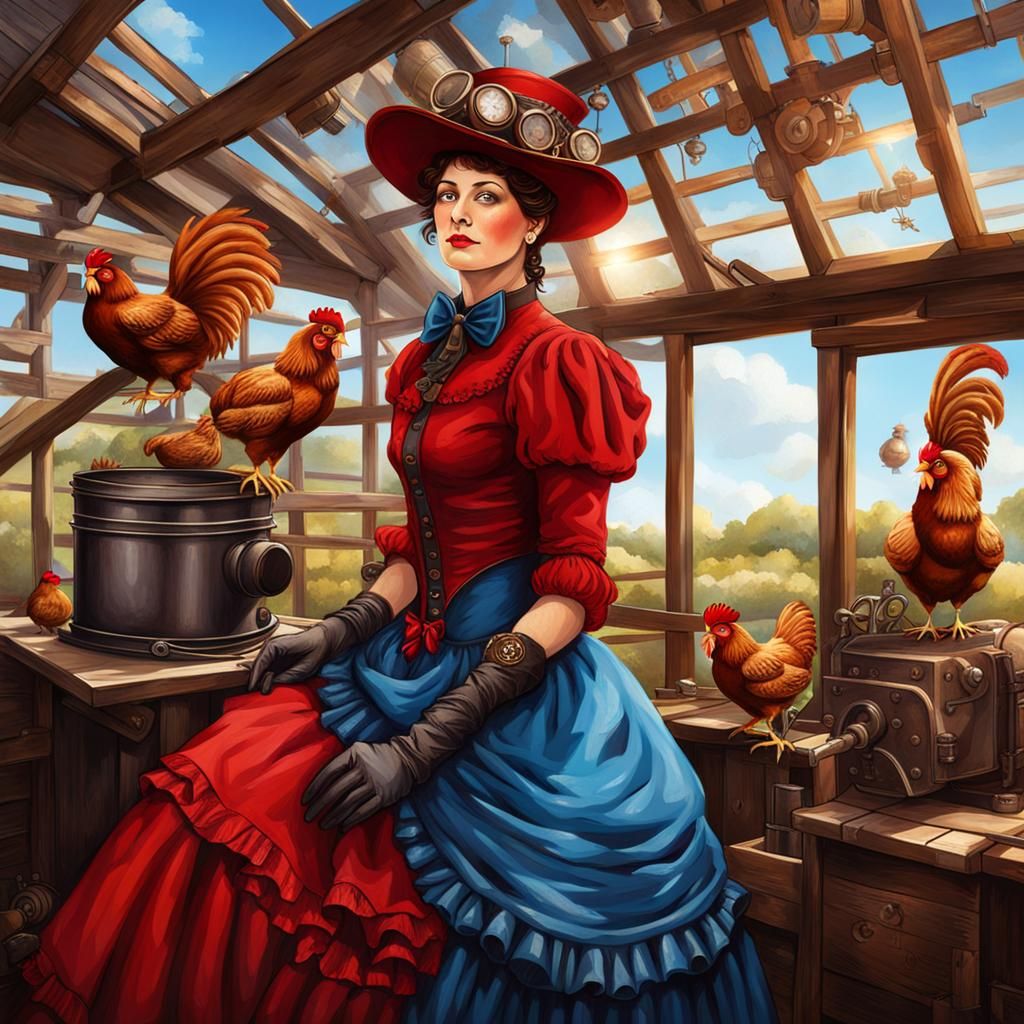 Steampunk Victorian Lady with Chickens Portrait
