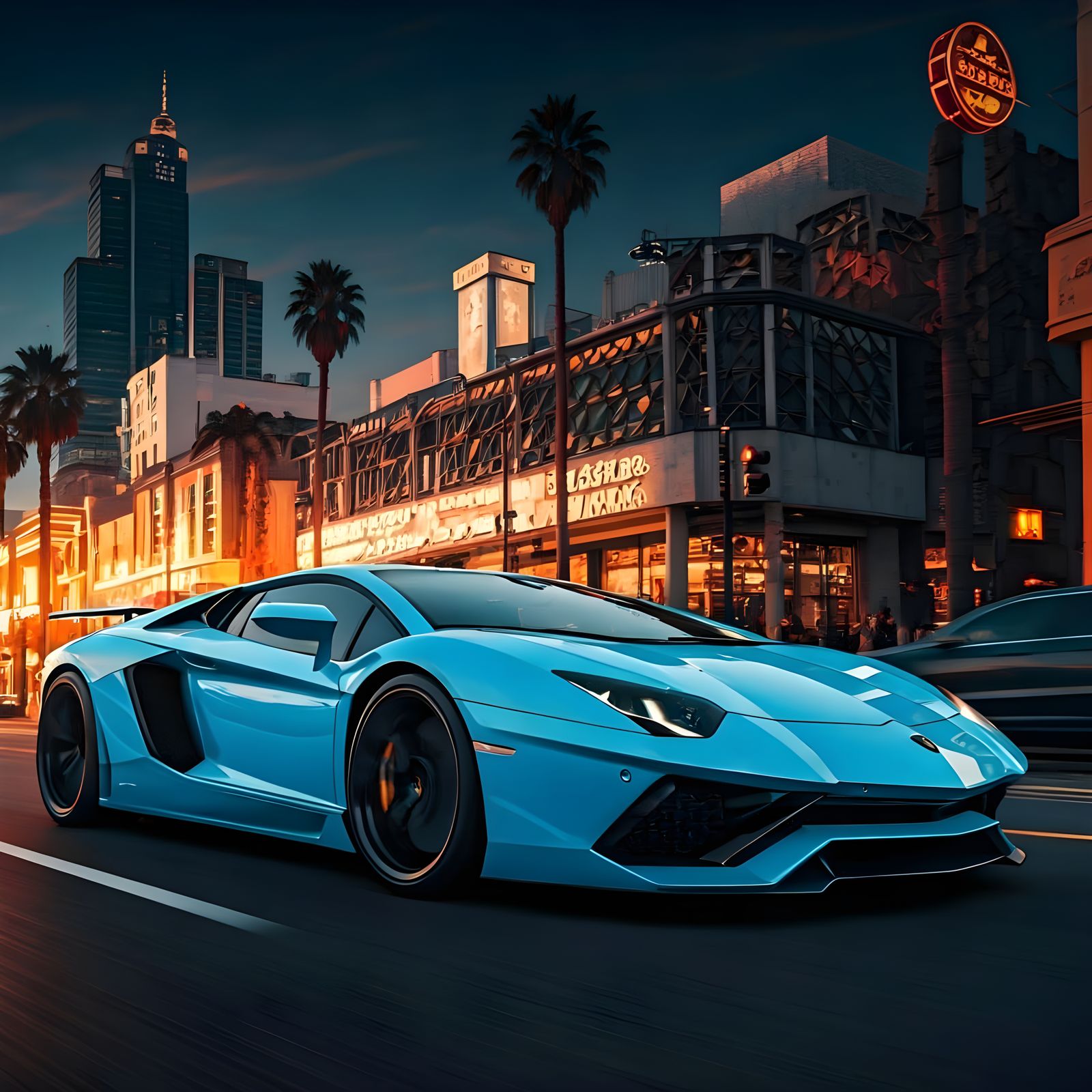 Sky-Blue Lamborghini on Hollywood Boulevard in Splash Art