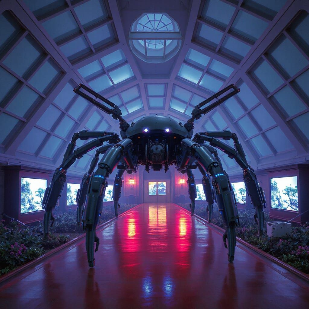 Giant Spider Robot in Neo-Classical Hallway
