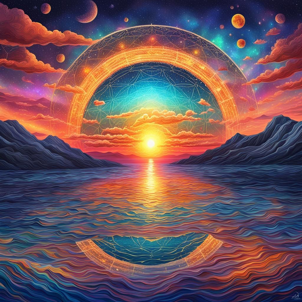 Astral Sunset Over Calm Sea, Holographic Illustration