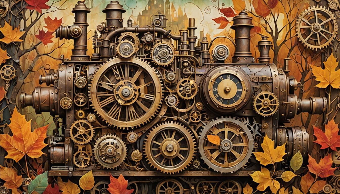 Steampunk Engine in Autumn Collage Art