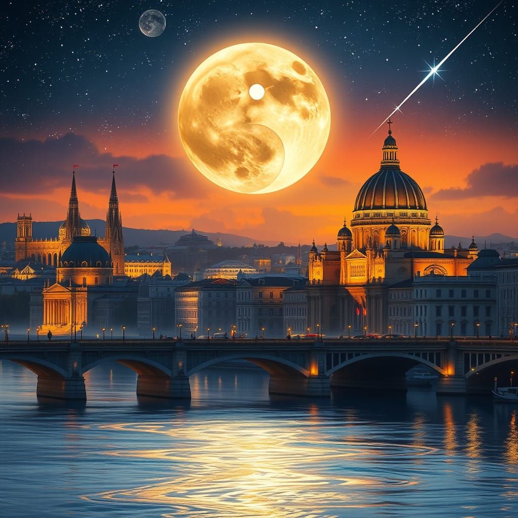 Surreal Cityscape Illuminated by Ethereal Yin and Yang