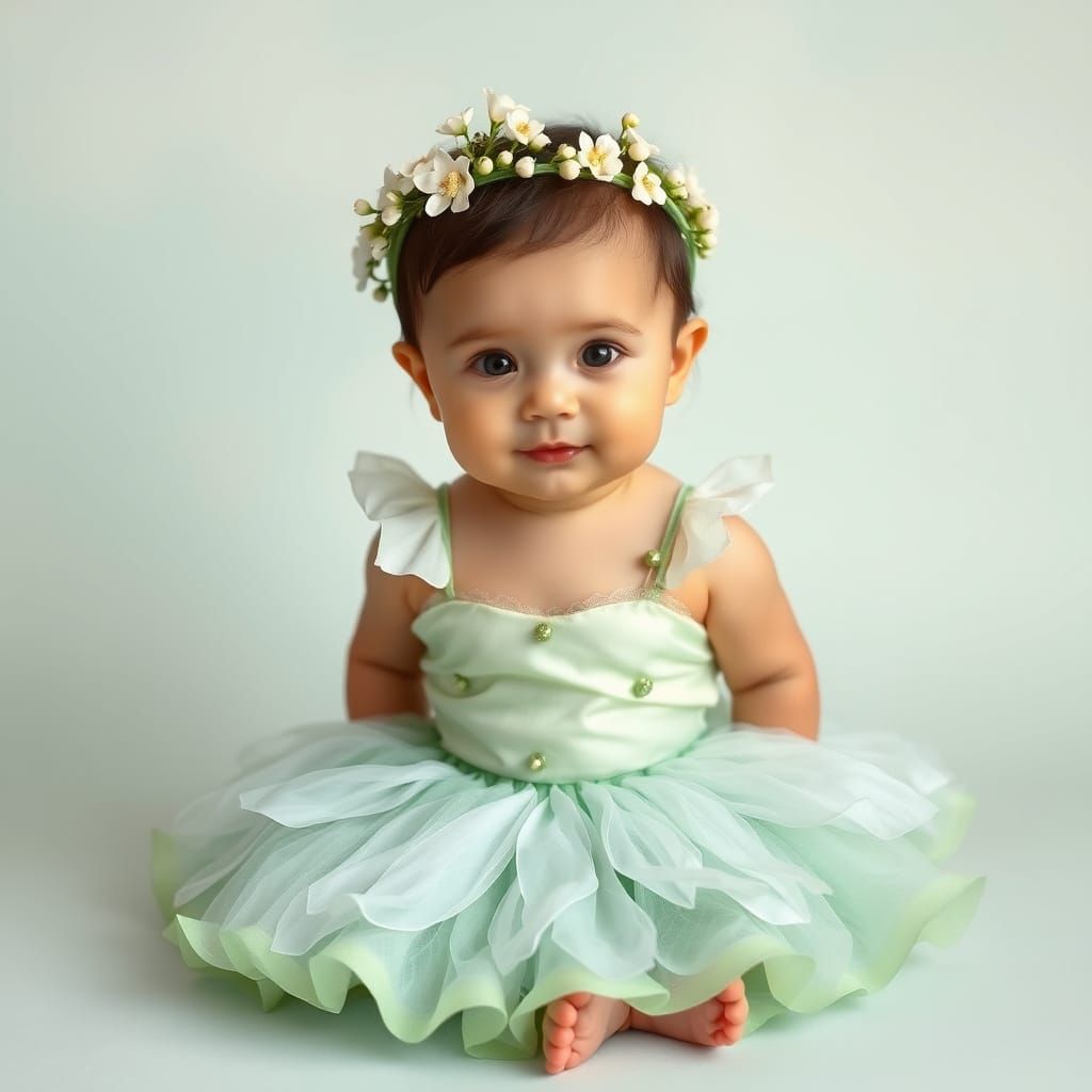 Baby in Jasmine Dress with Flower Crown, Dreamy Pastel Art