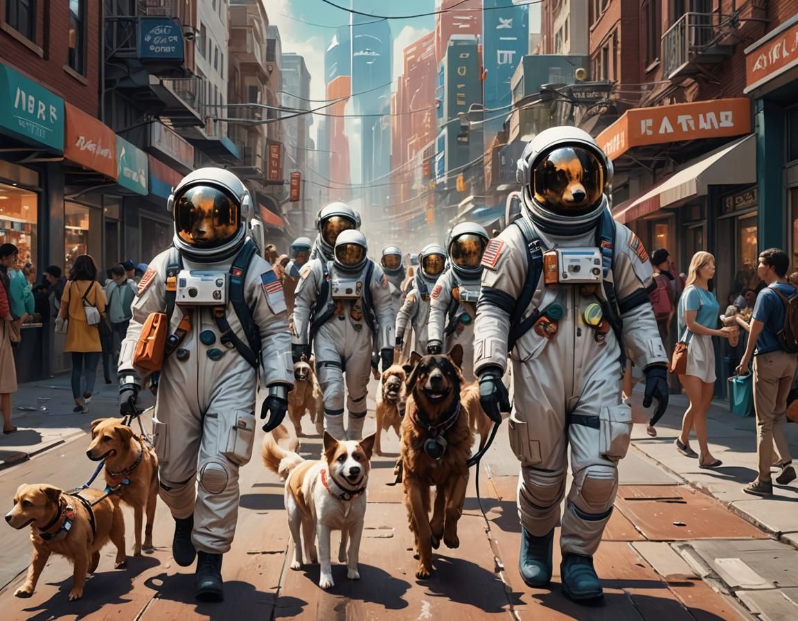 Mars Metropolis: Humans and Dogs Shopping in Space Suits