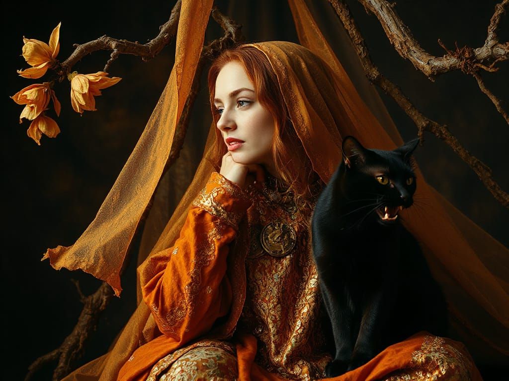 Crimson-Haired Sibyl in a Decaying Tapestry