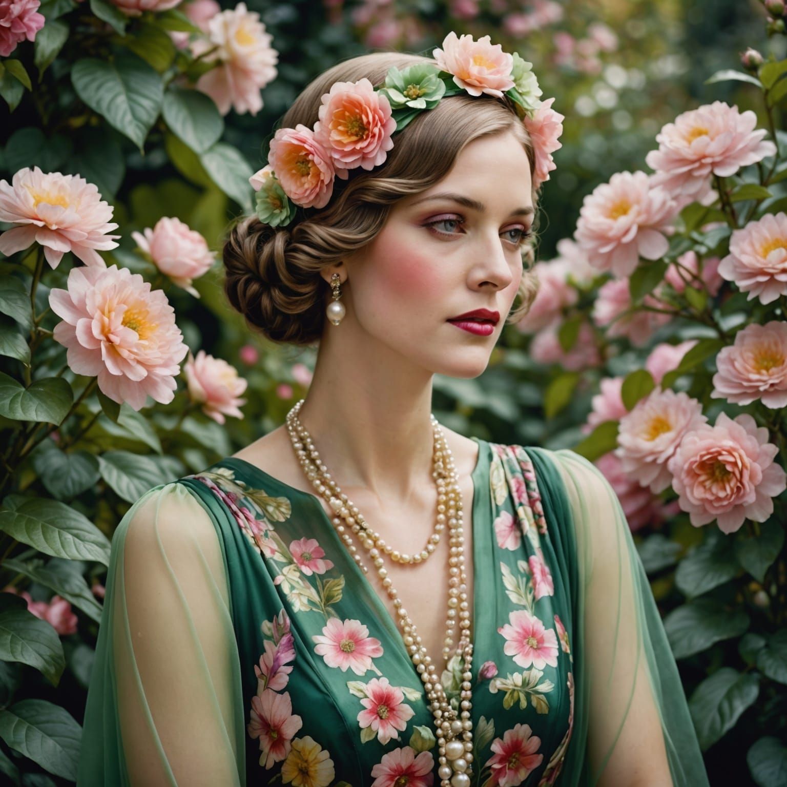 1920s Woman in Floral Dress in Opulent Garden
