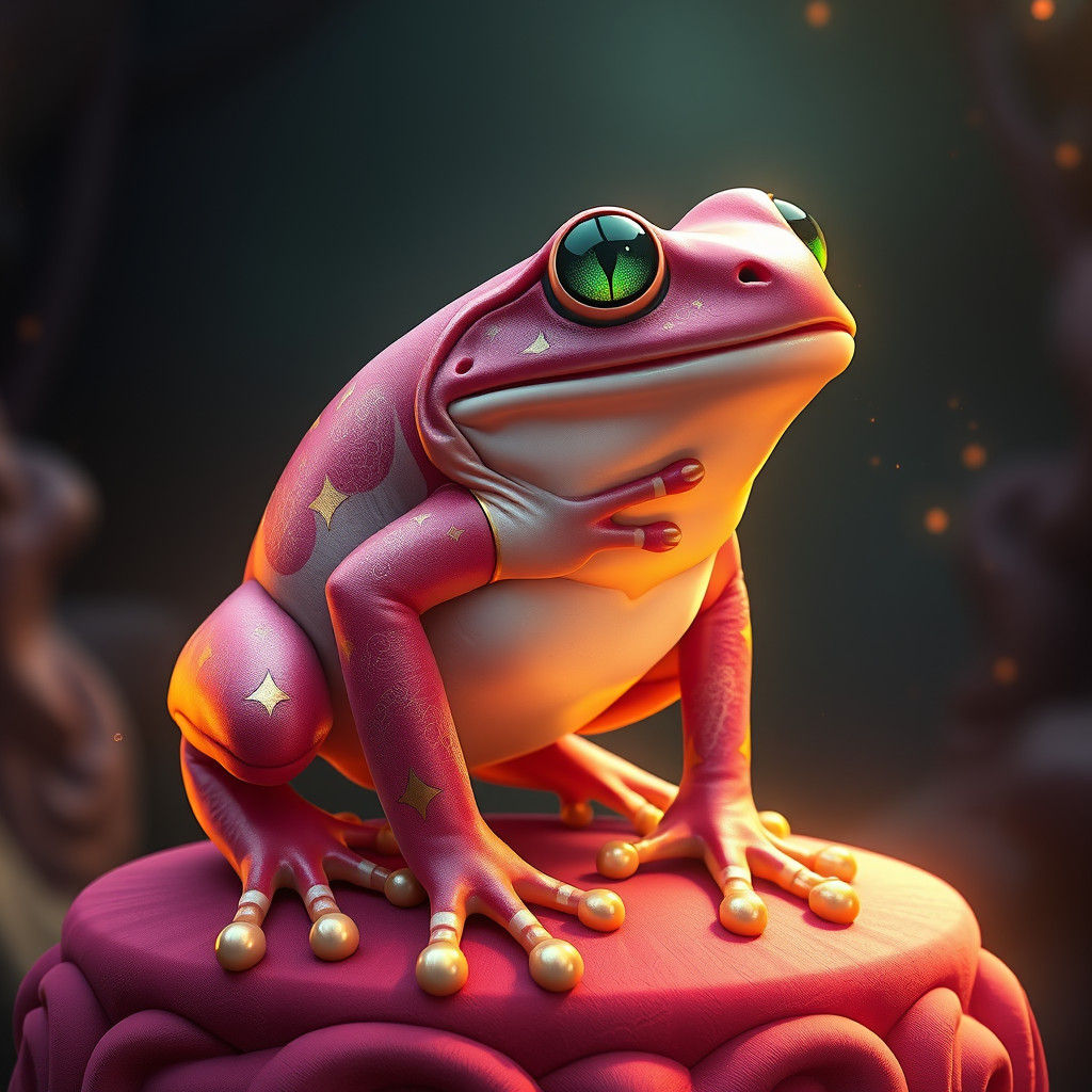 Pink and Gold Frog on Platform in Dreamlike Style